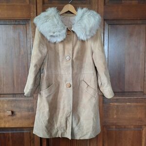 Vintage 60s/70s custom made tan suede leather fur collar long line coat *FLAWED*